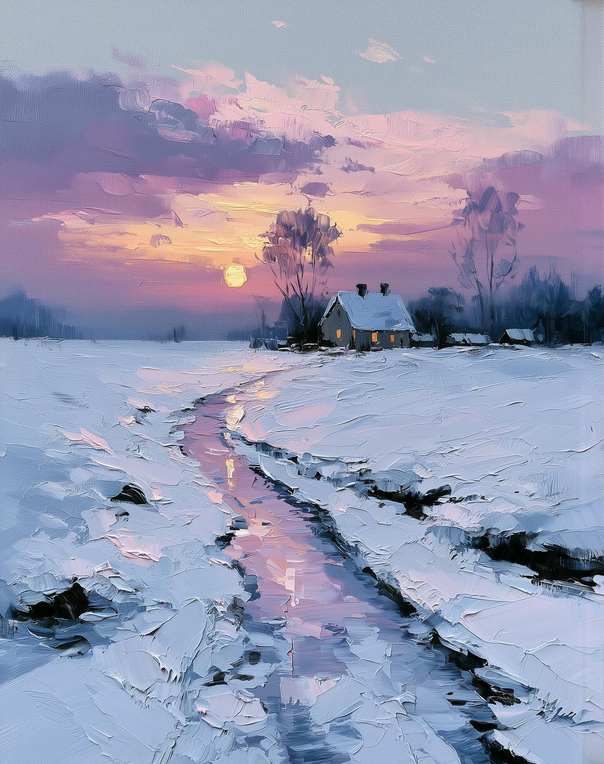 Sunset Creek winter art print unframed, signed by Pattie Overcash