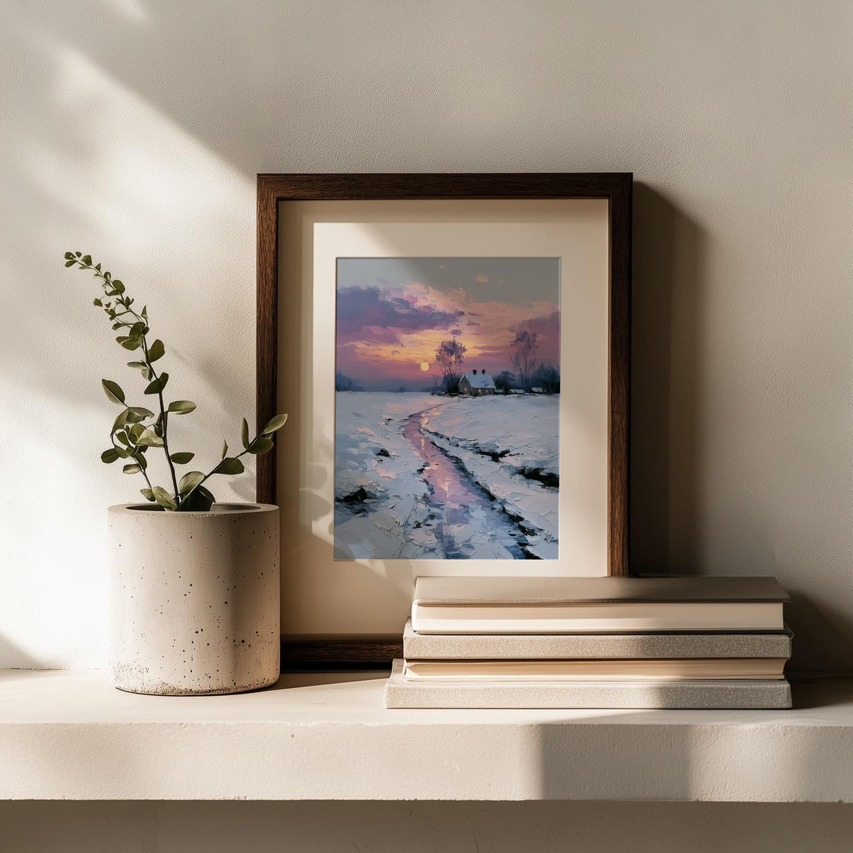Sunset Creek winter art print shown in a room setting
