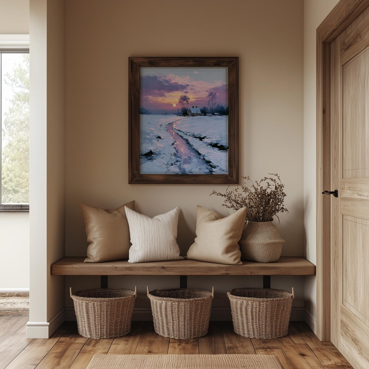 Sunset Creek winter art print shown in a room setting