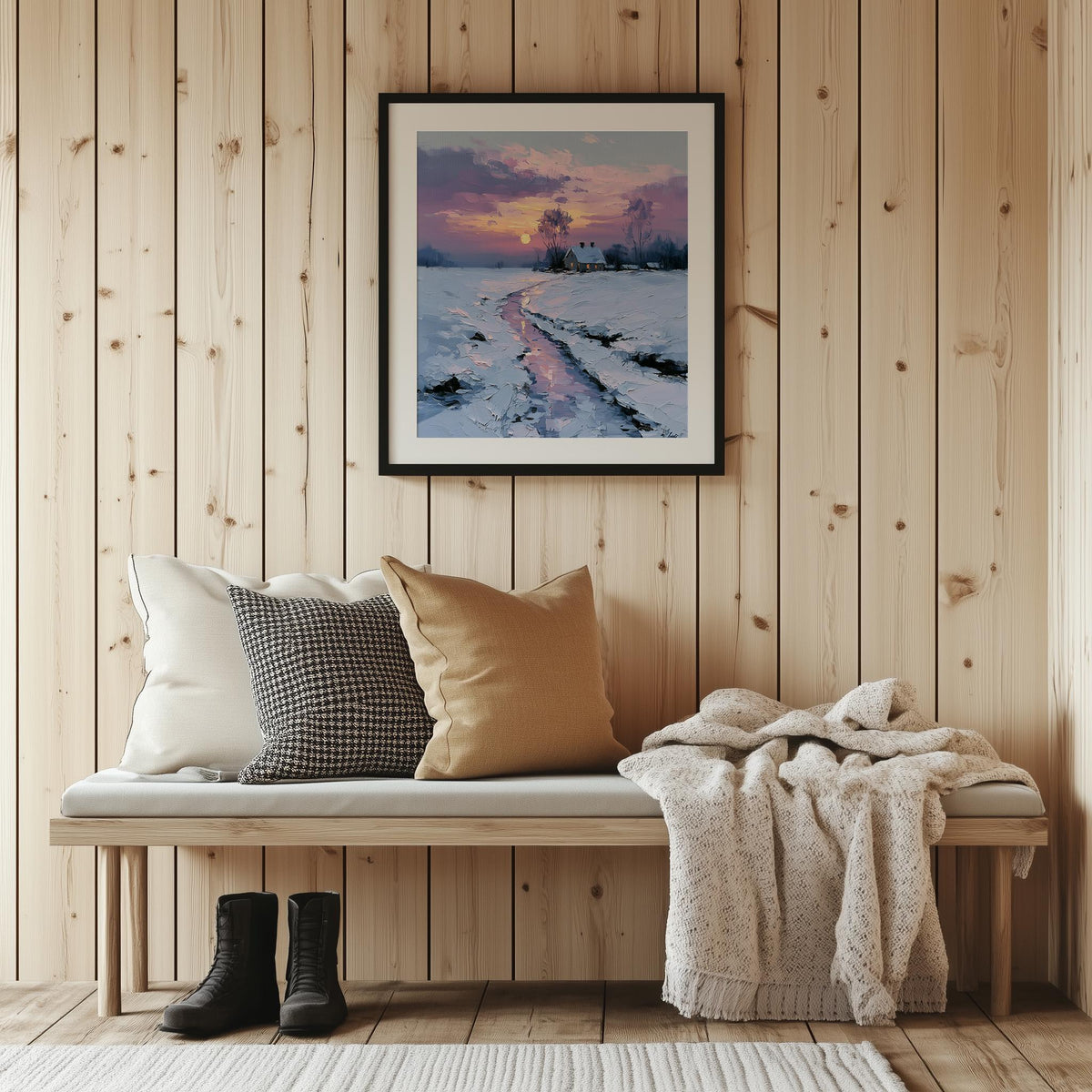 Sunset Creek winter art print shown in a room setting