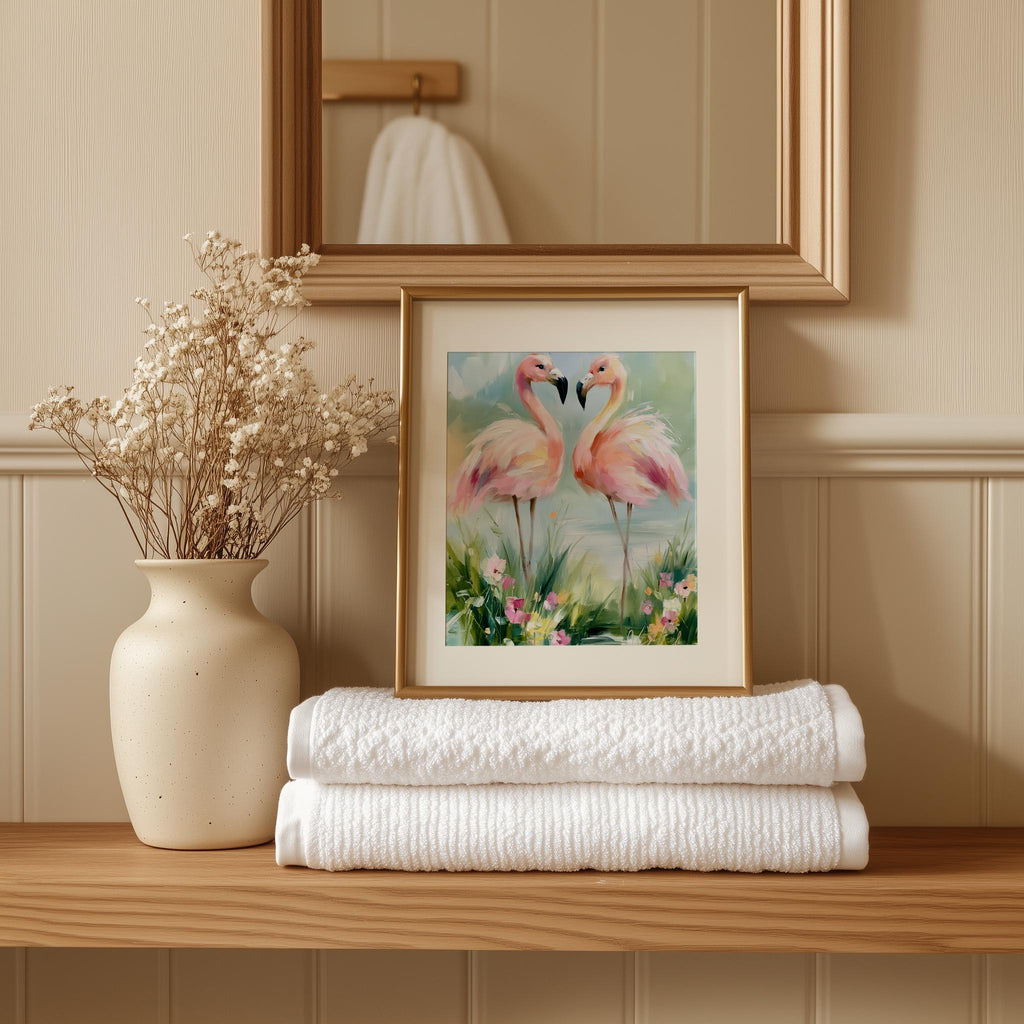 Flamingo Pair animal art print shown in a room setting