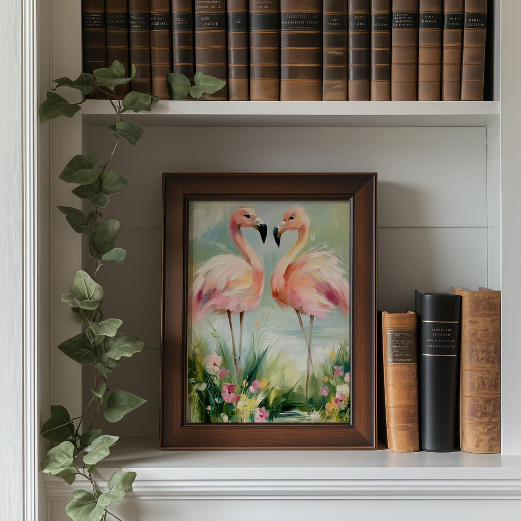 Flamingo Pair animal art print shown in a room setting