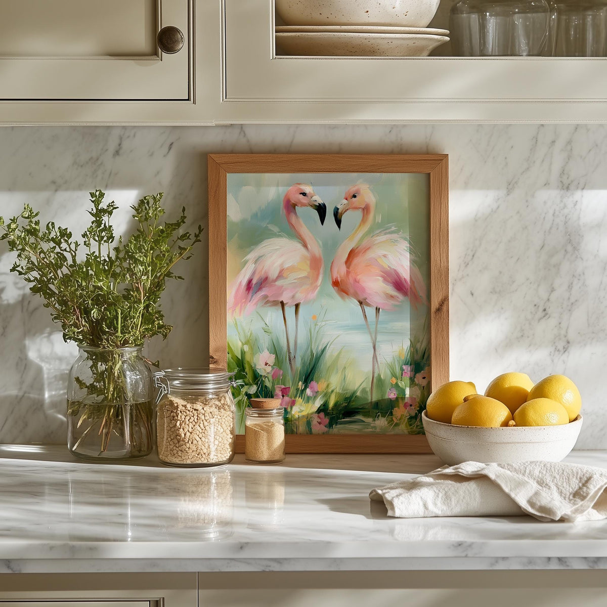 Flamingo Pair animal art print shown in a room setting