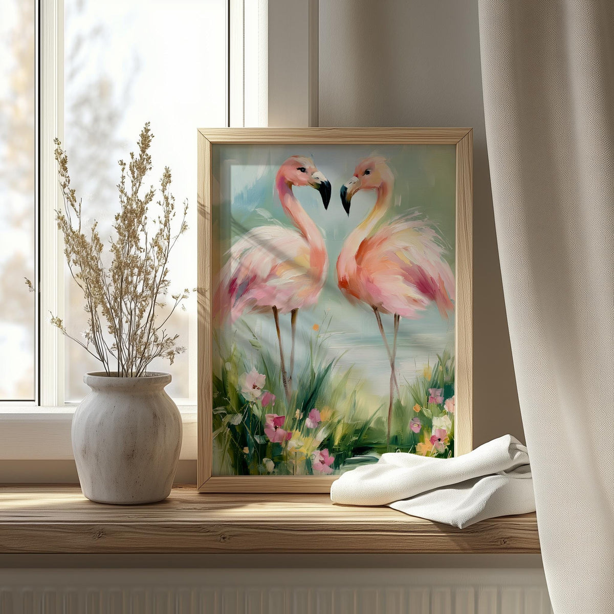 Flamingo Pair animal art print shown in a room setting