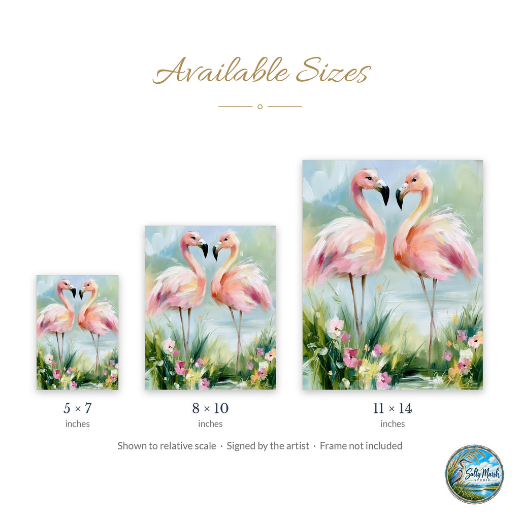Flamingo Pair art print size guide: 5x7, 8x10 and 11x14