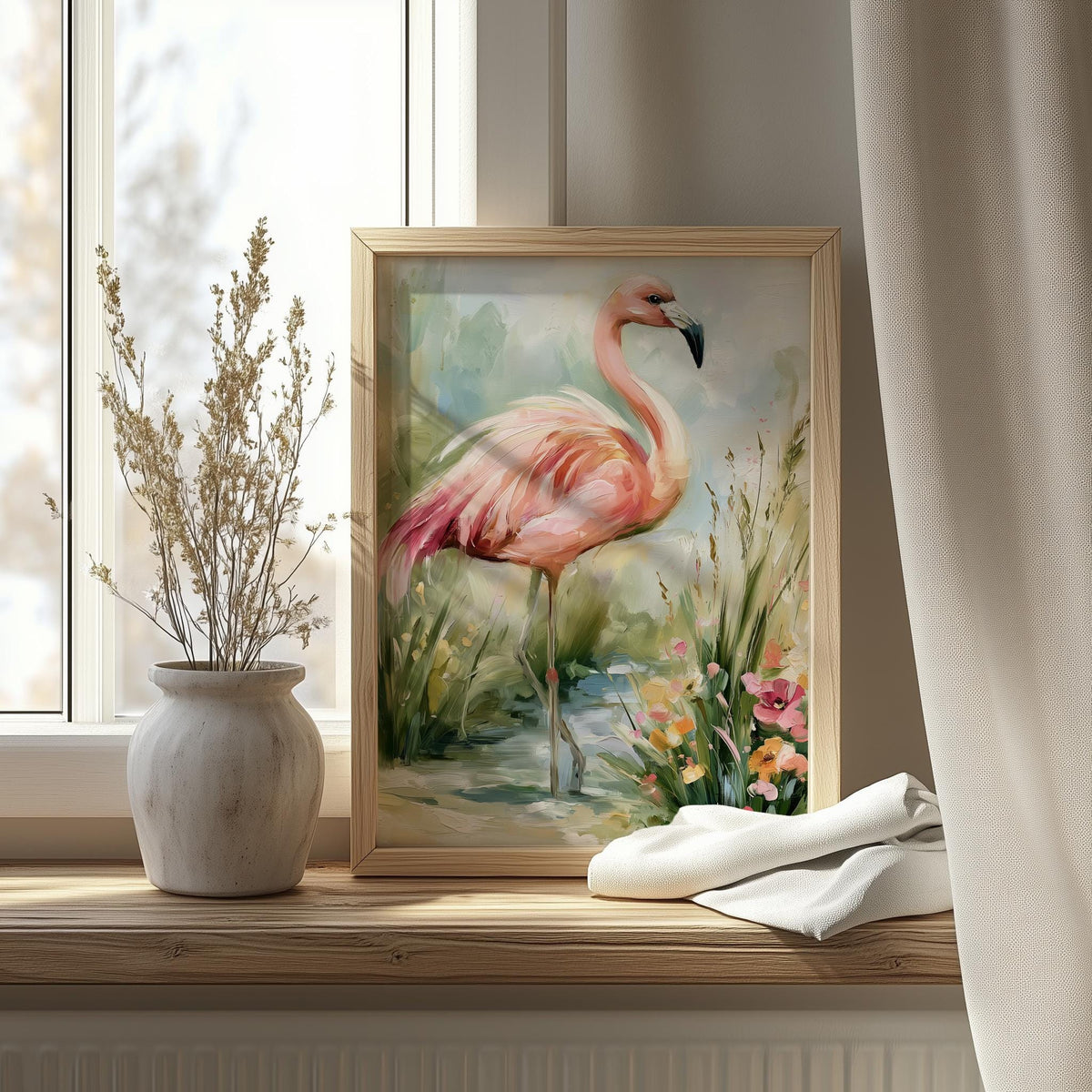 Pink Flamingo animal art print shown in a room setting