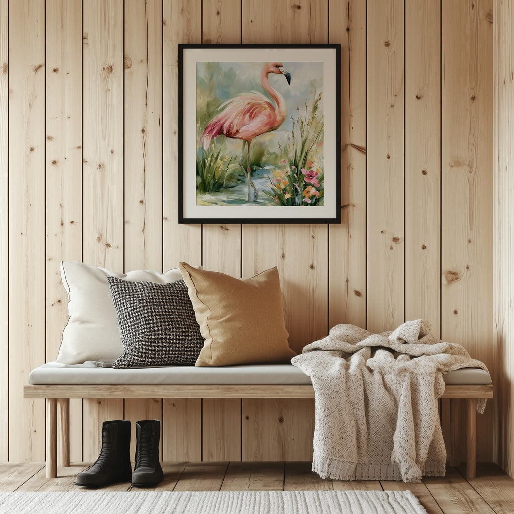 Pink Flamingo animal art print shown in a room setting