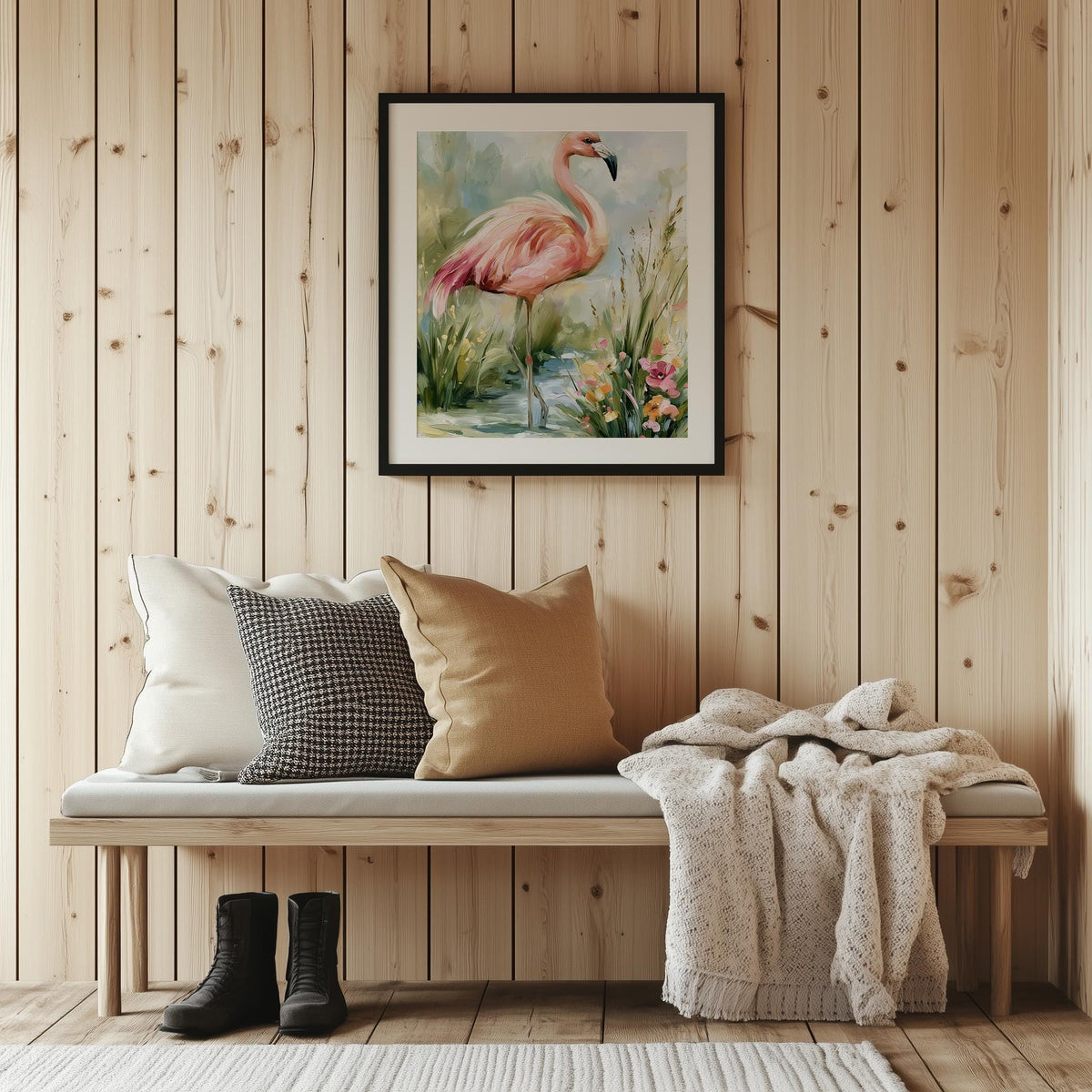 Pink Flamingo animal art print shown in a room setting
