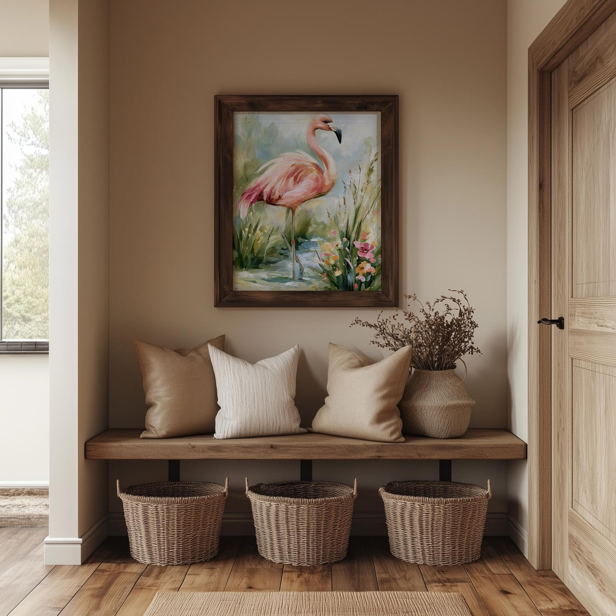 Pink Flamingo animal art print shown in a room setting