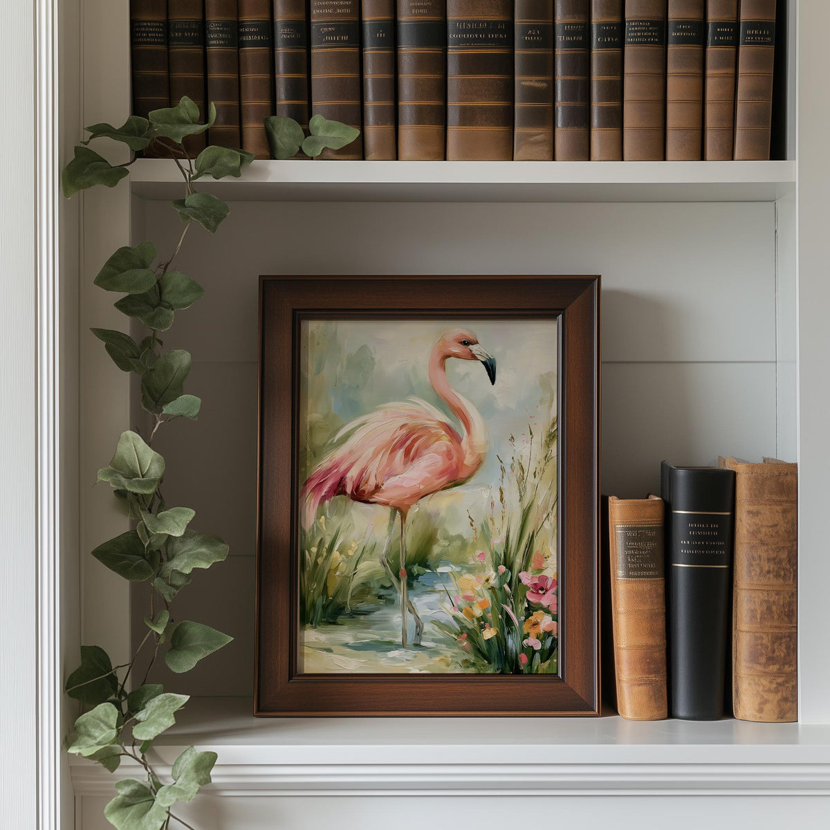 Pink Flamingo animal art print shown in a room setting