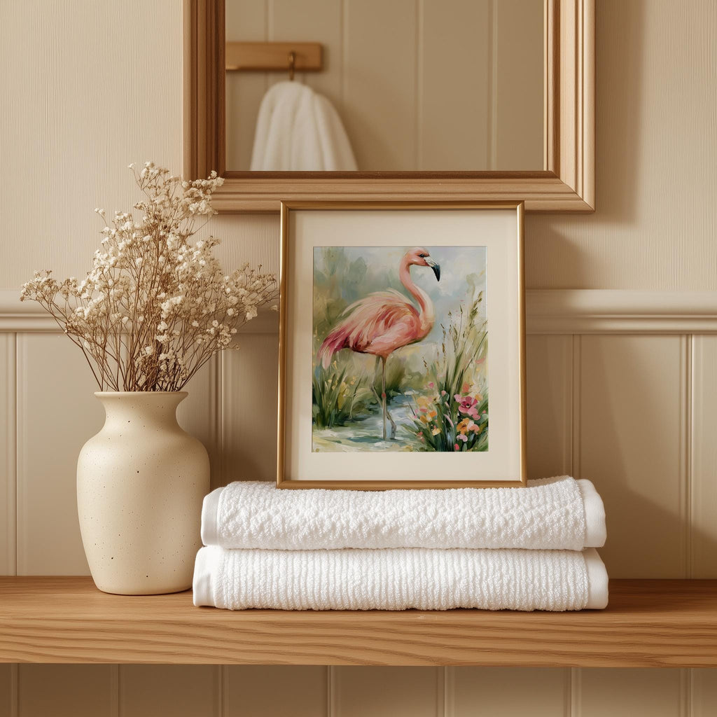 Pink Flamingo animal art print shown in a room setting