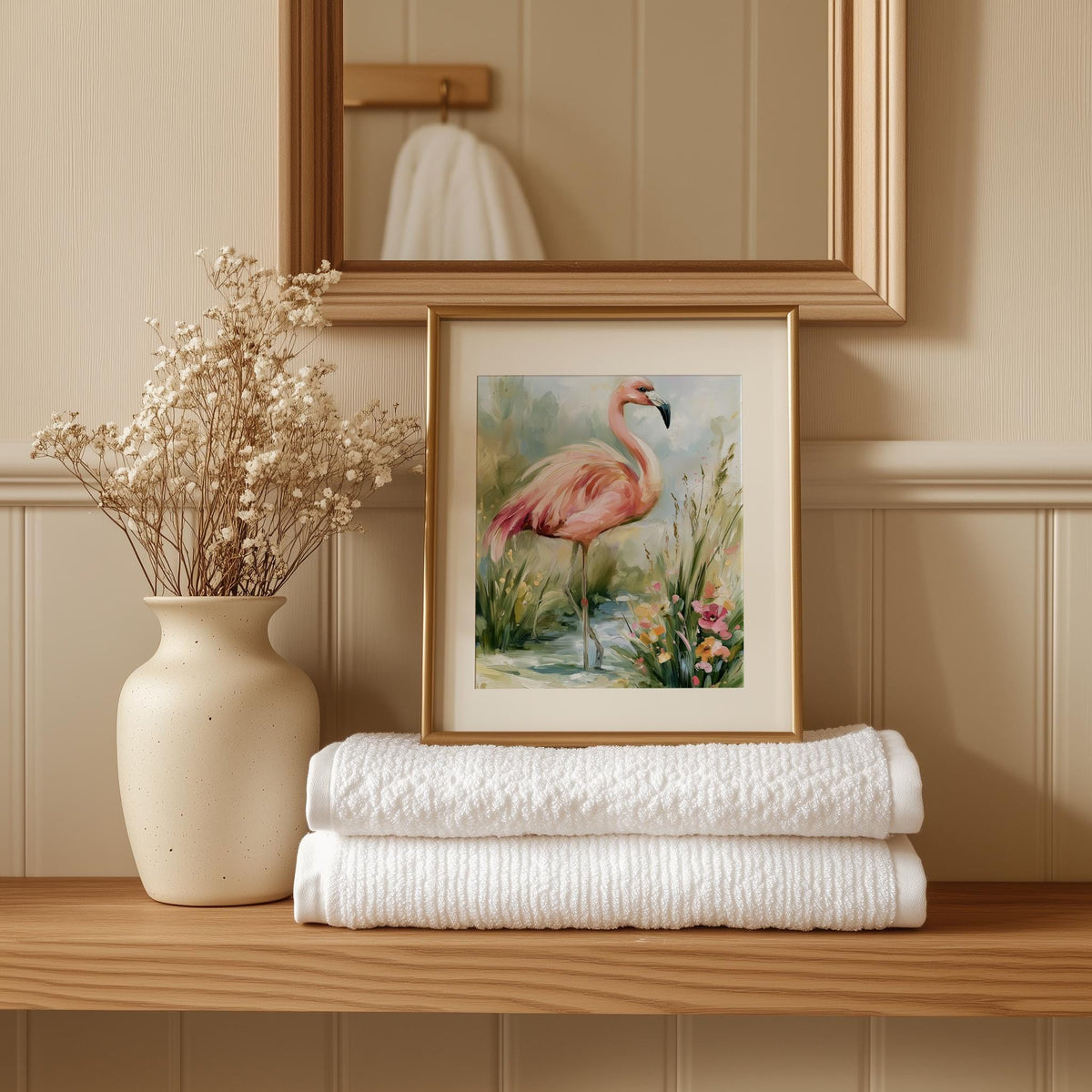 Pink Flamingo animal art print shown in a room setting