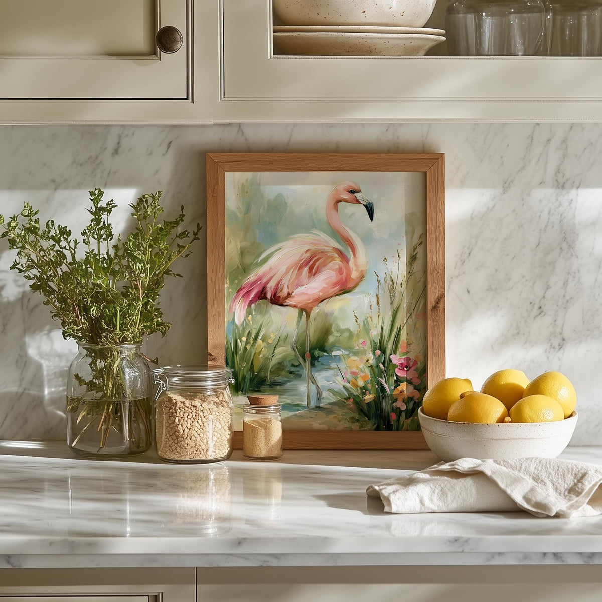 Pink Flamingo animal art print shown in a room setting
