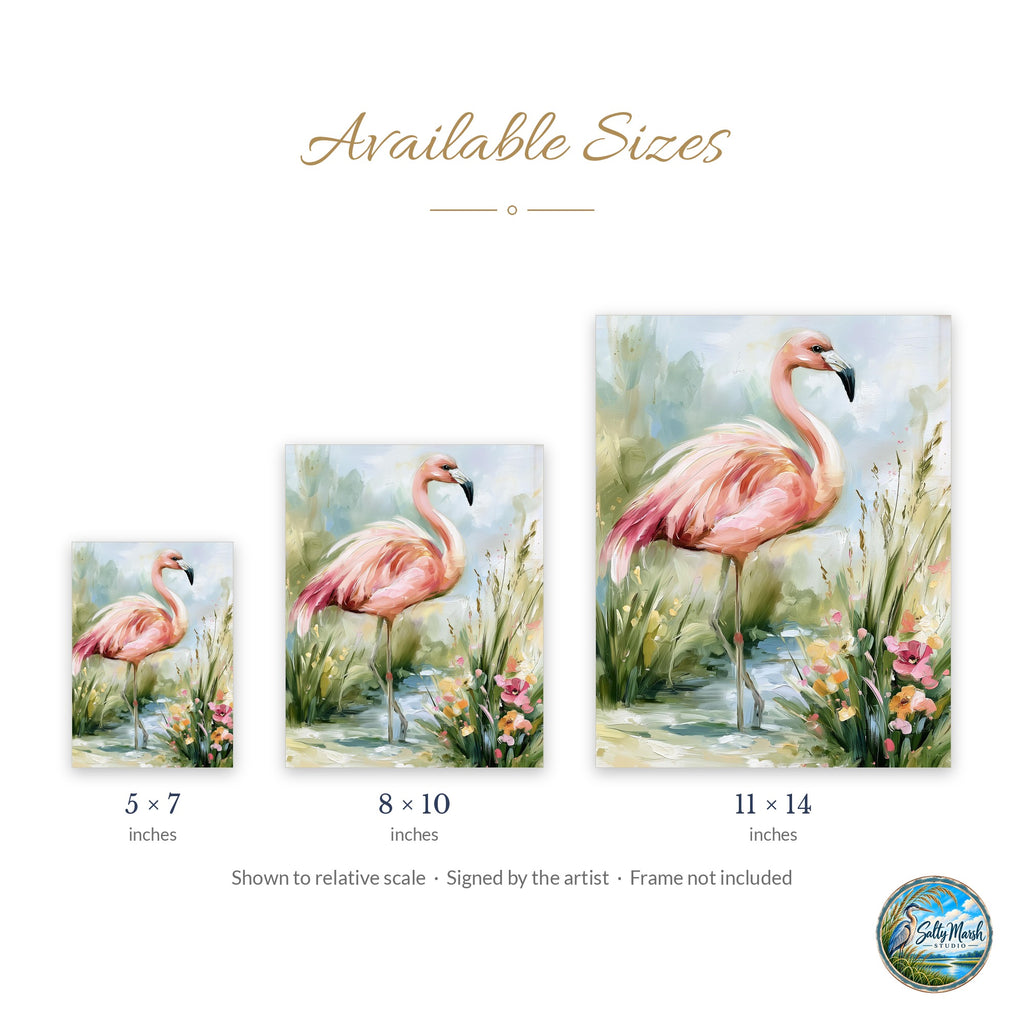 Pink Flamingo art print size guide: 5x7, 8x10 and 11x14
