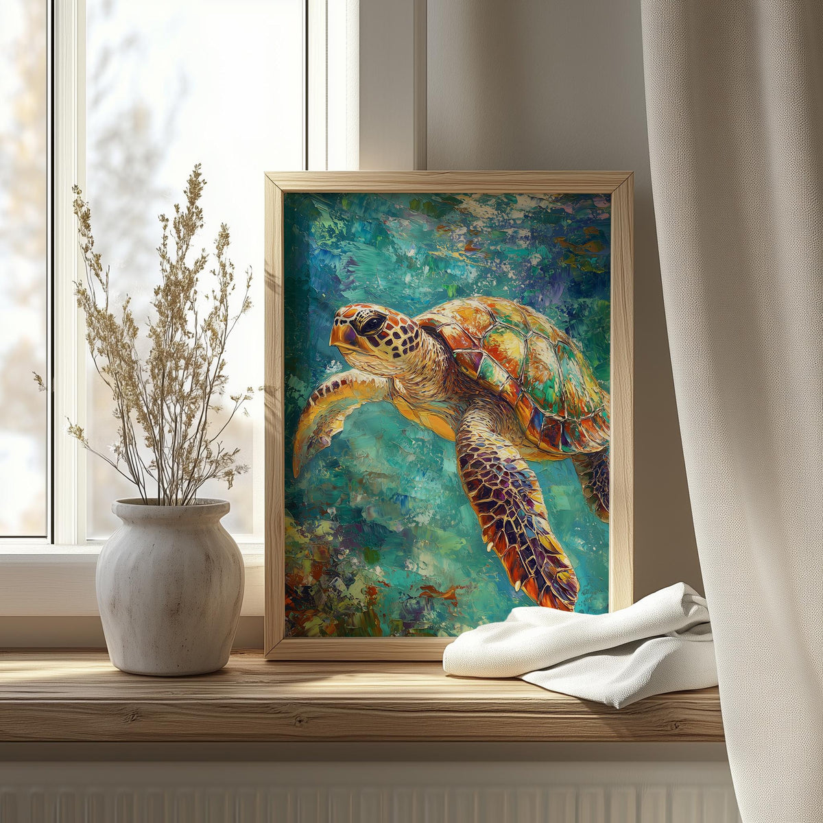 Sea Turtle Water animal art print shown in a room setting