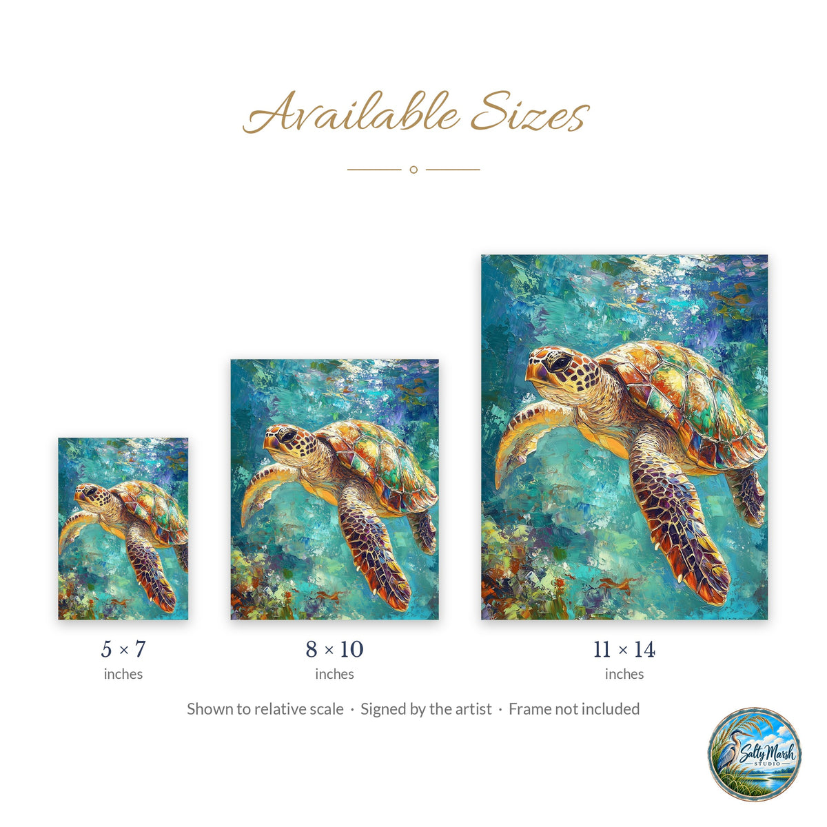 Sea Turtle Water art print size guide: 5x7, 8x10 and 11x14
