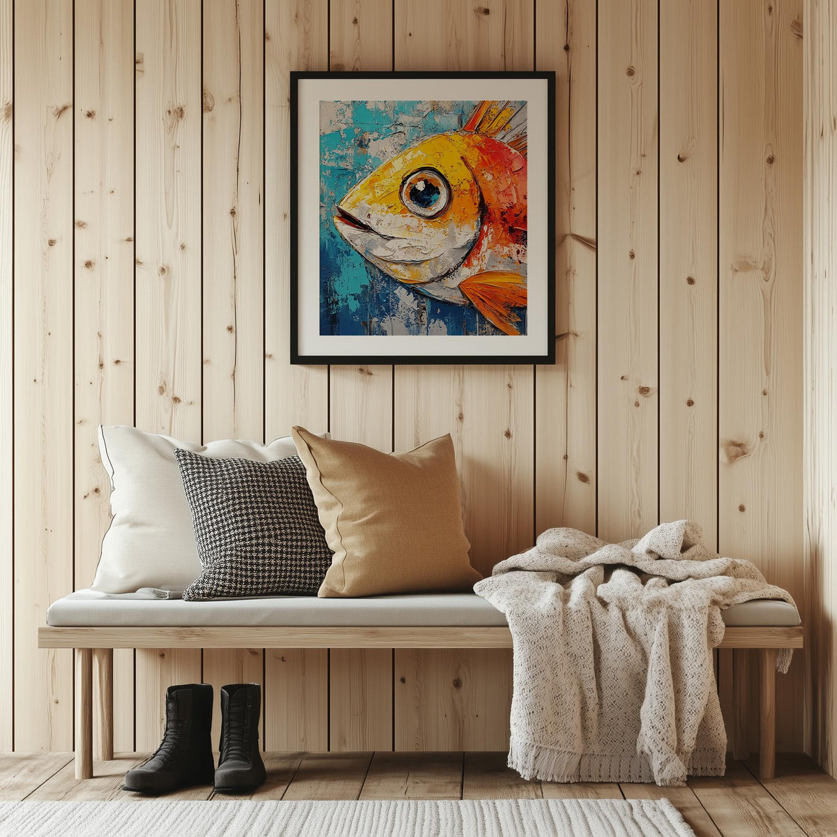 Bold Fish animal art print shown in a room setting