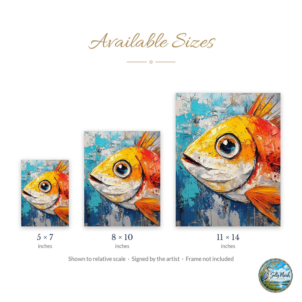 Bold Fish art print size guide: 5x7, 8x10 and 11x14