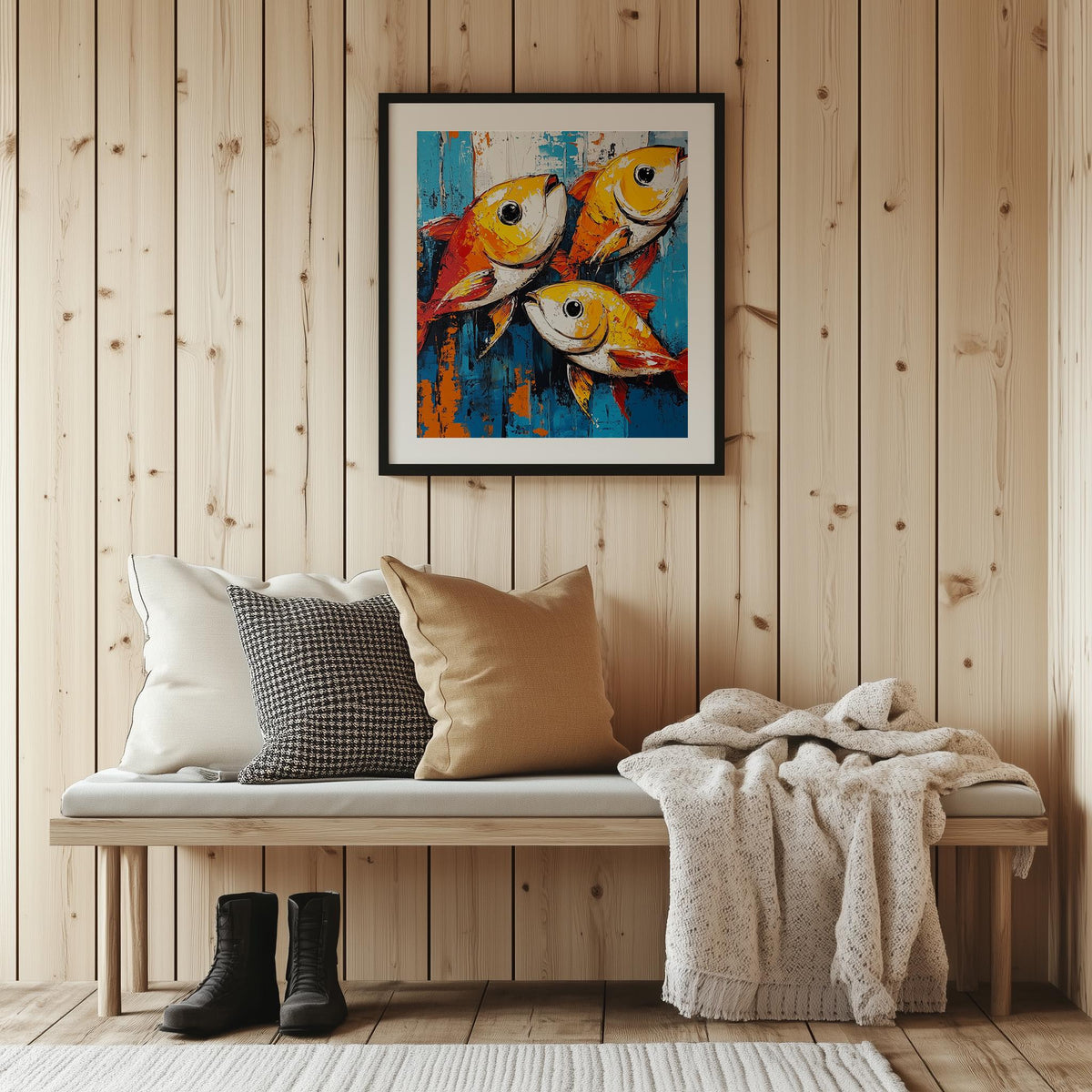 Rustic Fish animal art print shown in a room setting