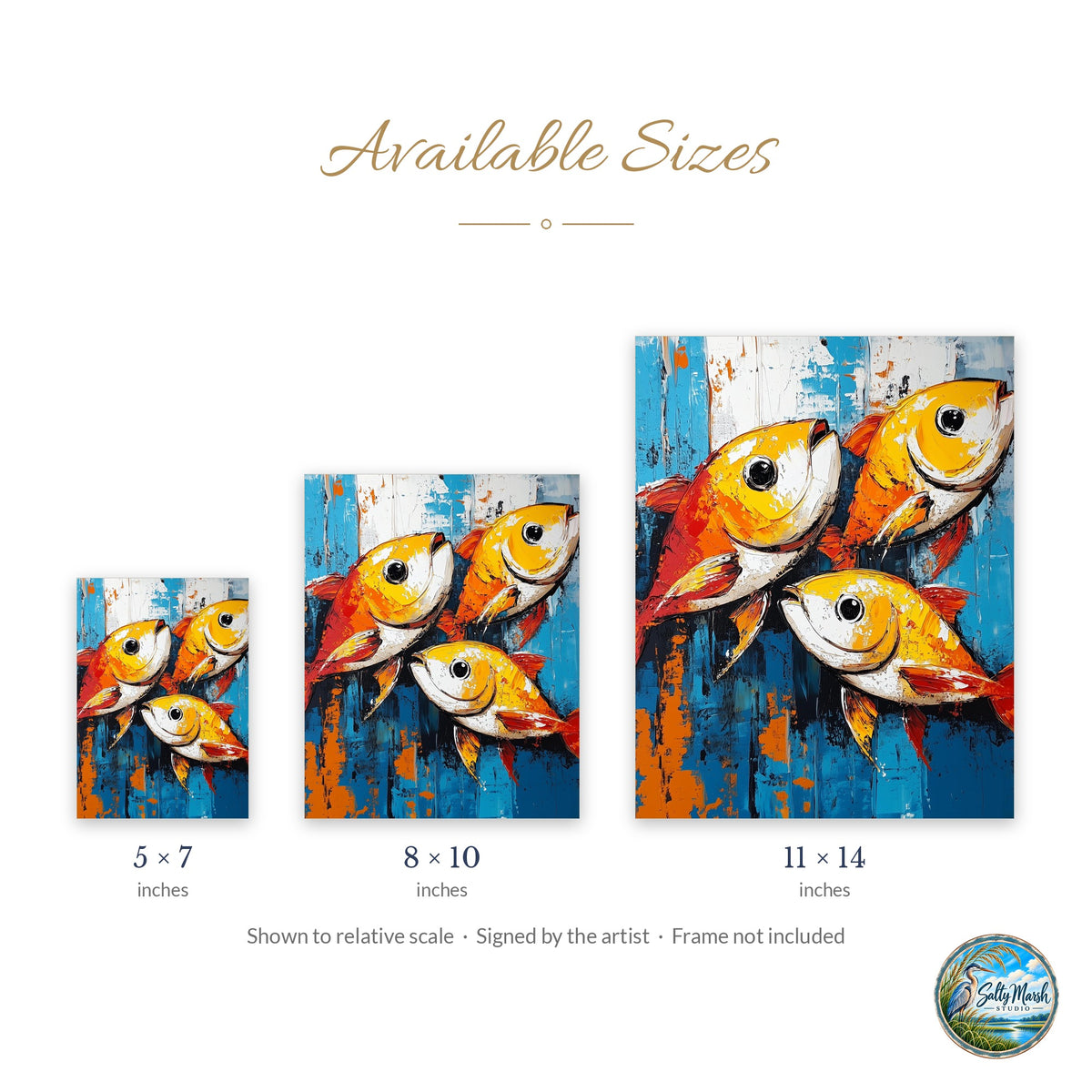 Rustic Fish art print size guide: 5x7, 8x10 and 11x14