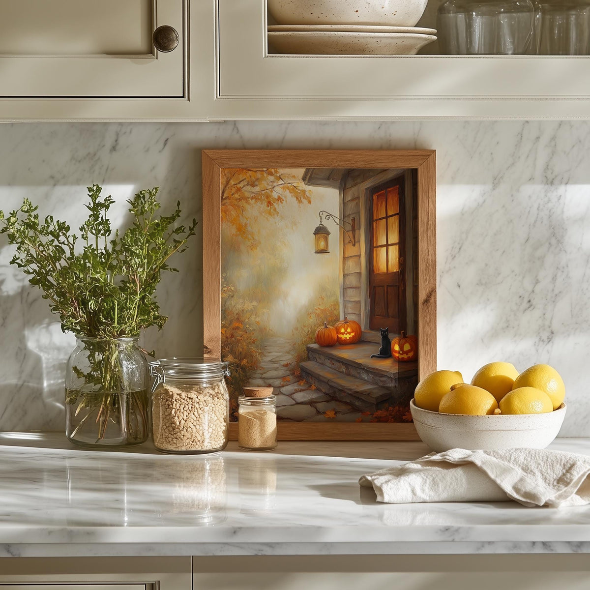 Autumn Doorstep Halloween art print shown in a room setting