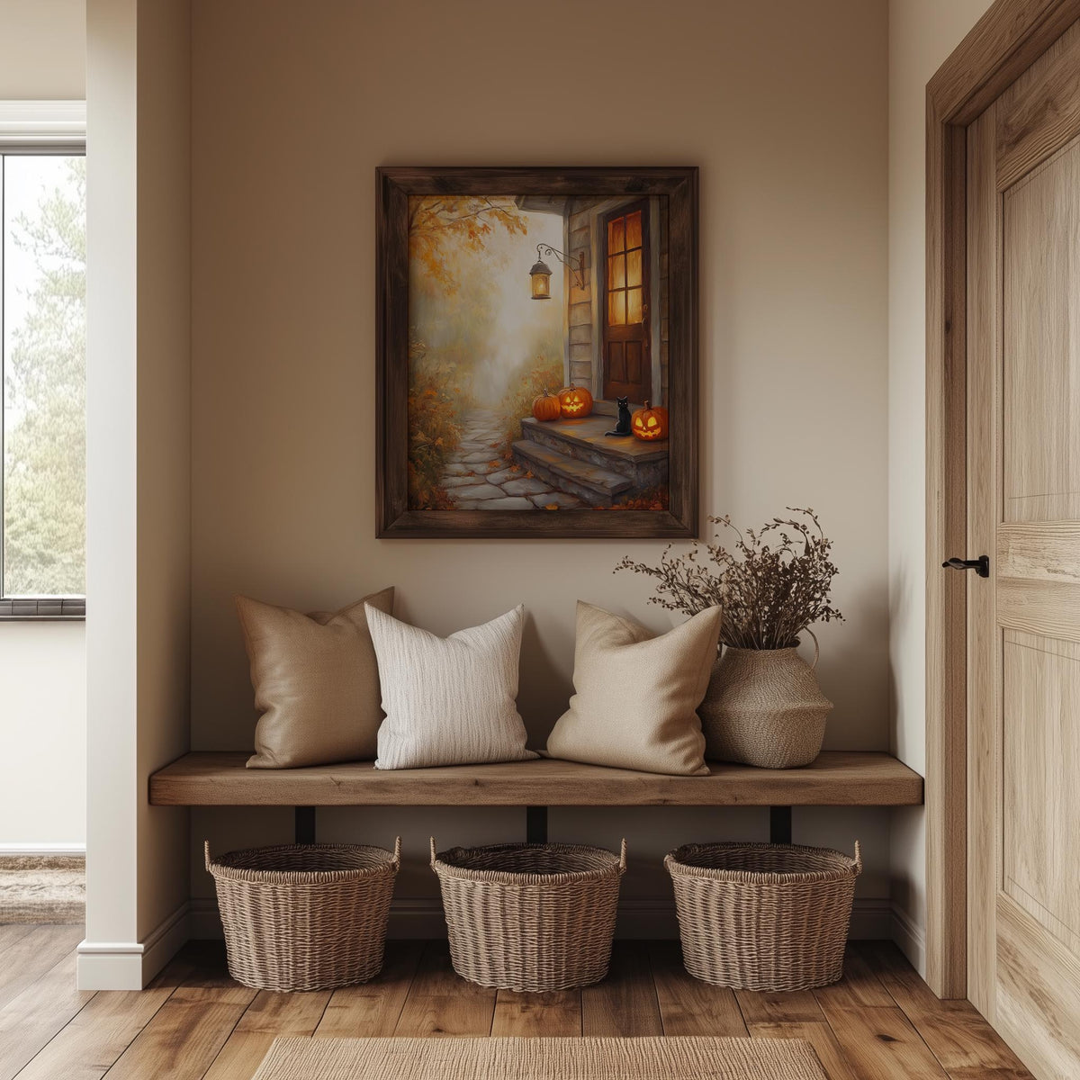Autumn Doorstep Halloween art print shown in a room setting