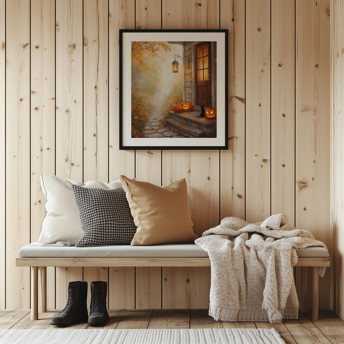 Autumn Doorstep Halloween art print shown in a room setting