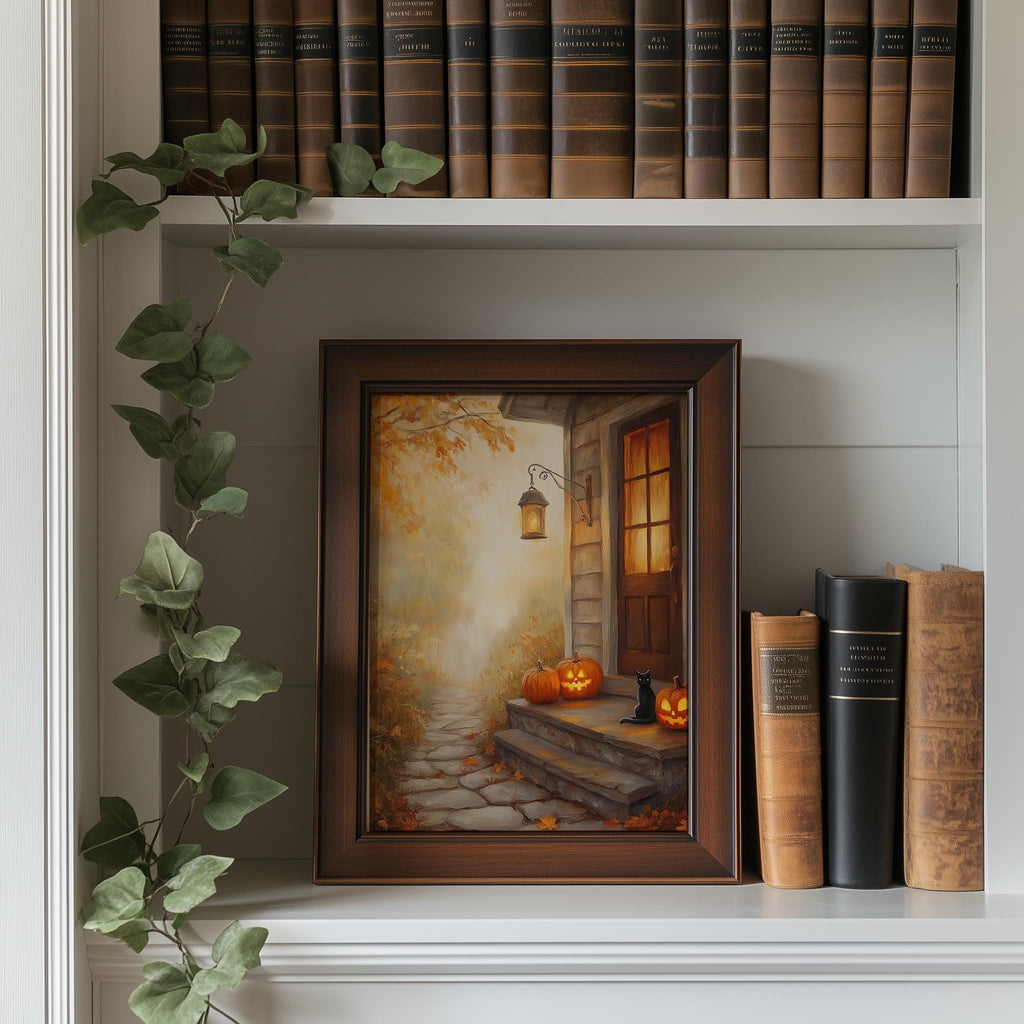 Autumn Doorstep Halloween art print shown in a room setting