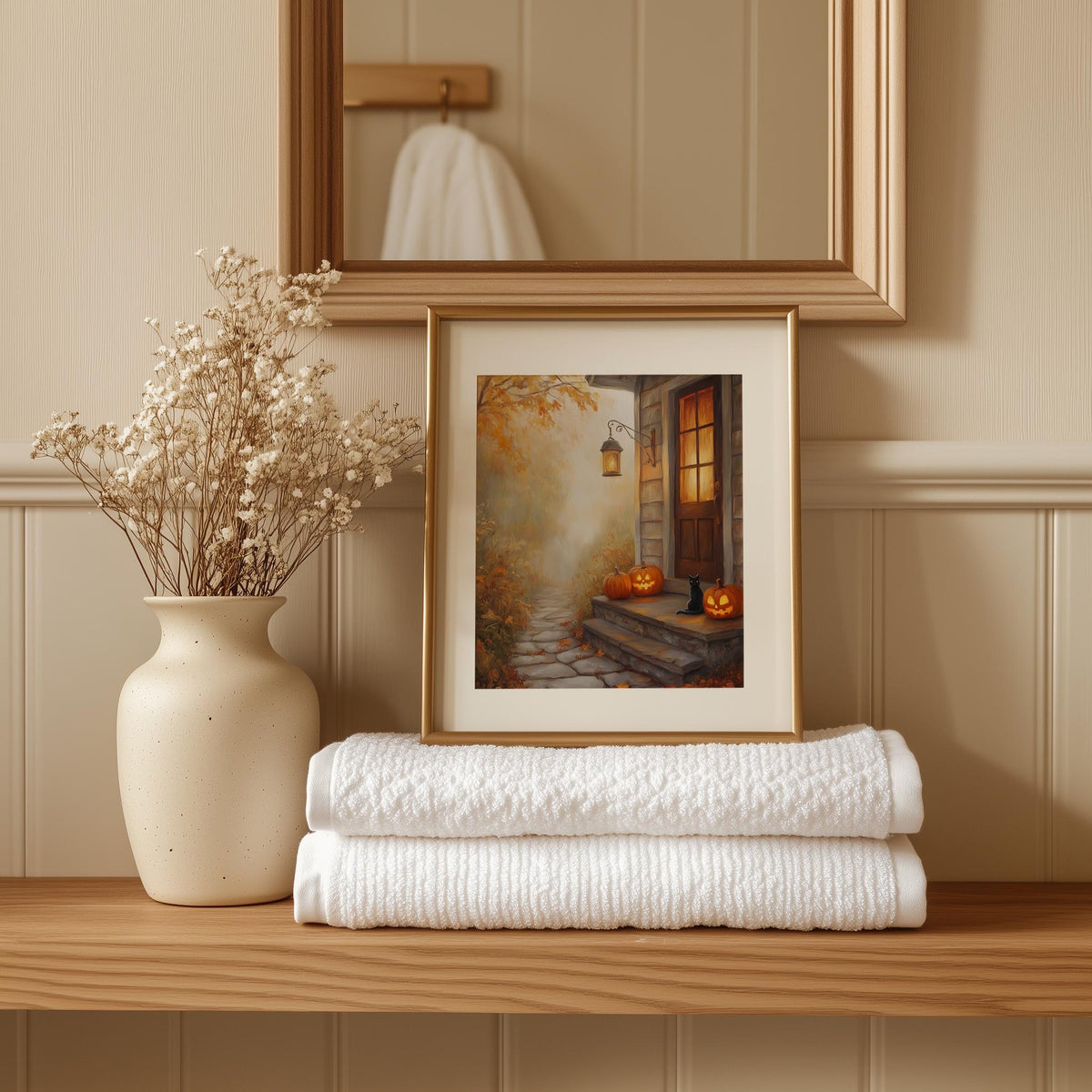 Autumn Doorstep Halloween art print shown in a room setting