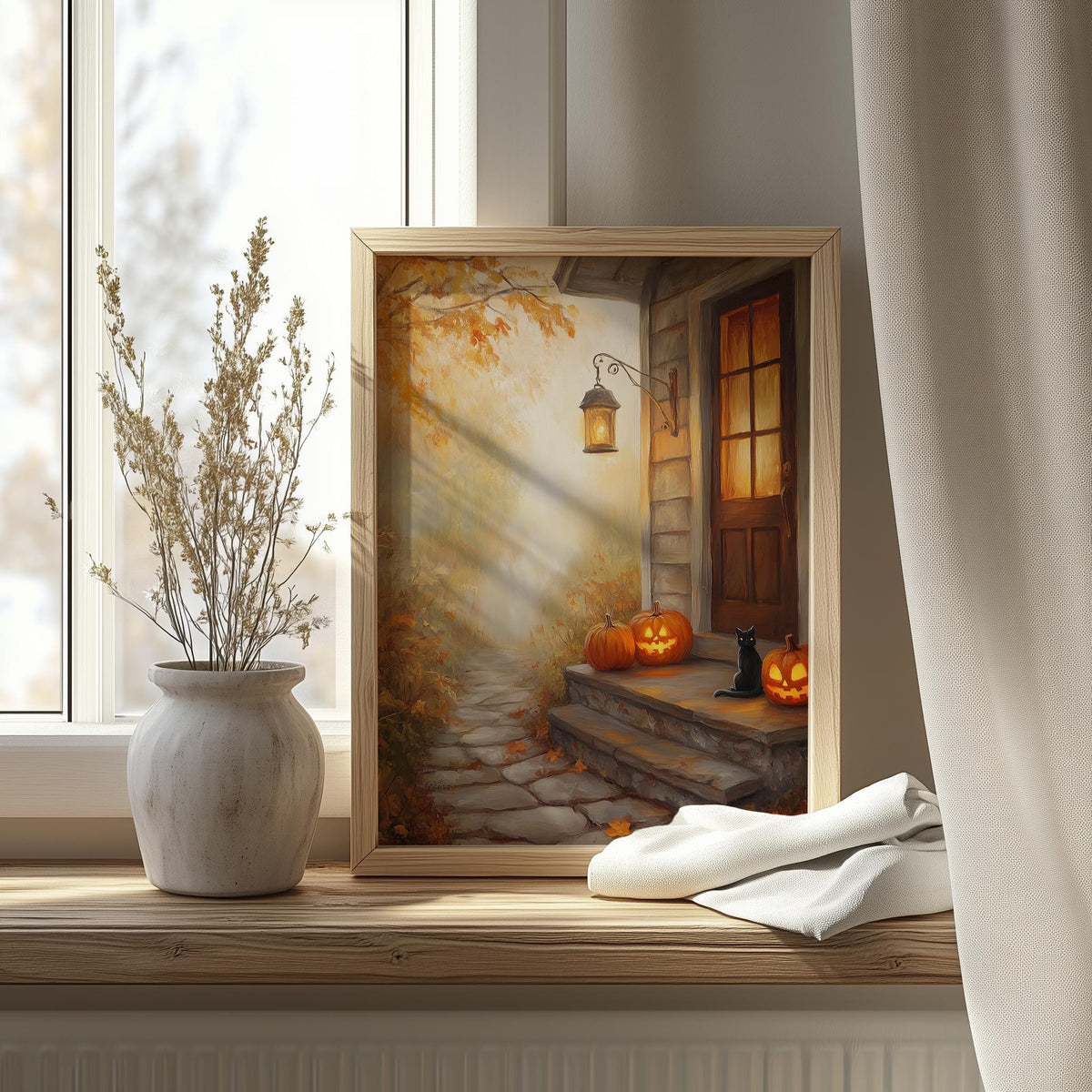 Autumn Doorstep Halloween art print shown in a room setting