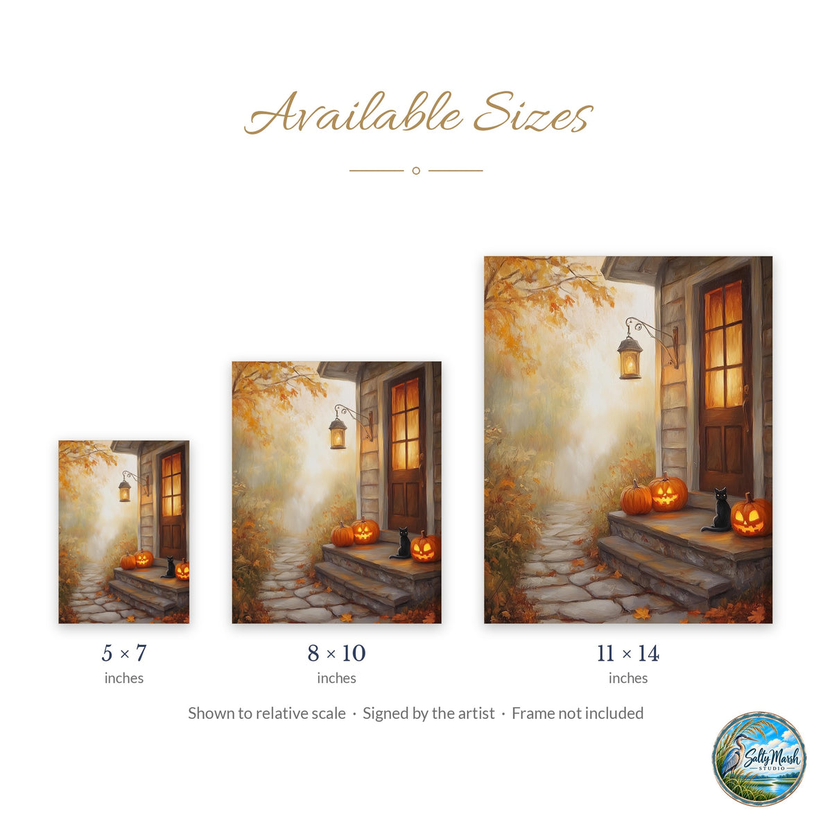 Autumn Doorstep art print size guide: 5x7, 8x10 and 11x14