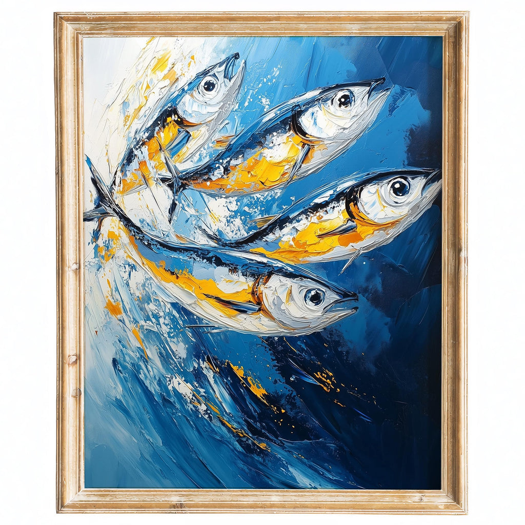 Gold Blue Sardines animal art print framed