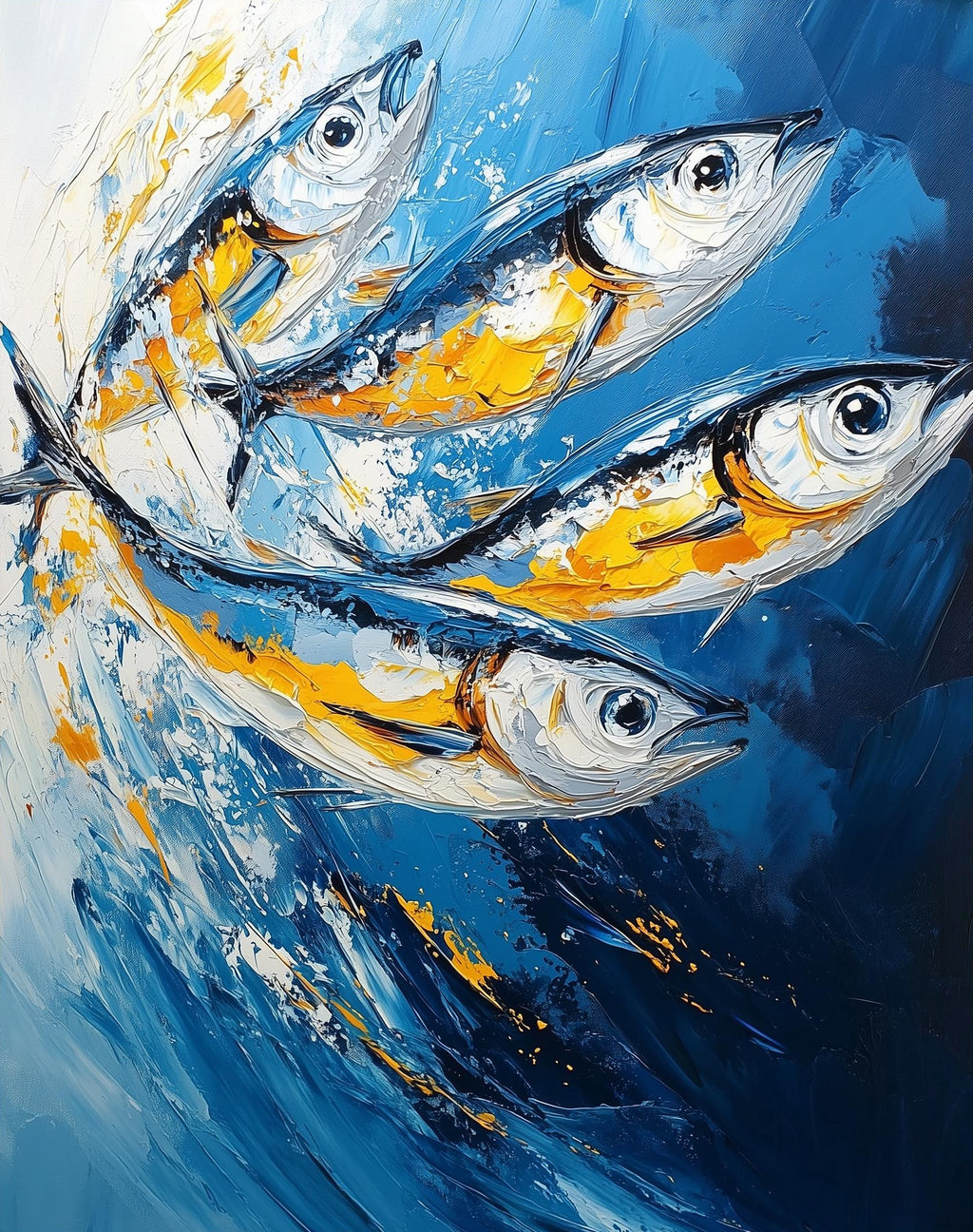 Gold Blue Sardines animal art print unframed, signed by Pattie Overcash