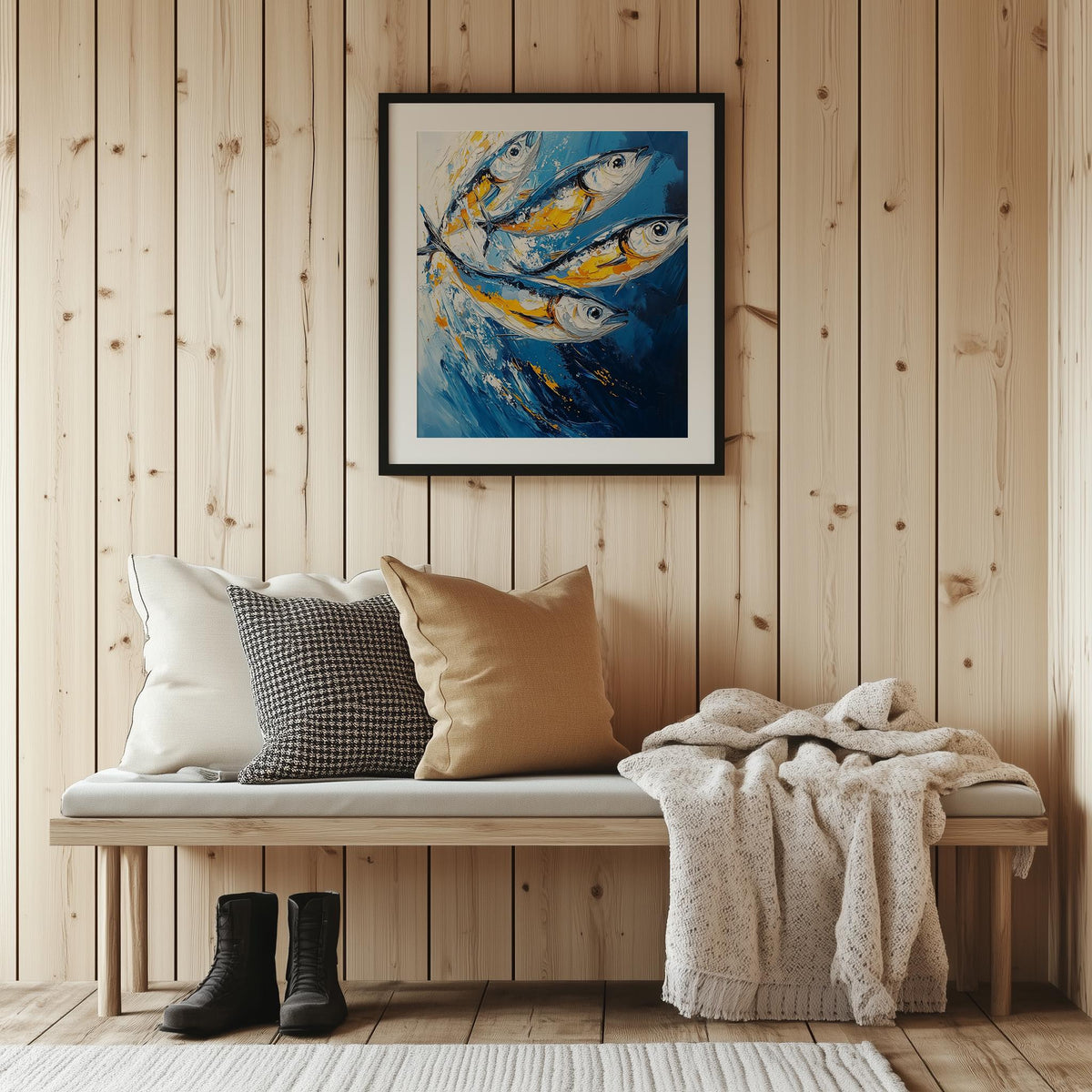 Gold Blue Sardines animal art print shown in a room setting