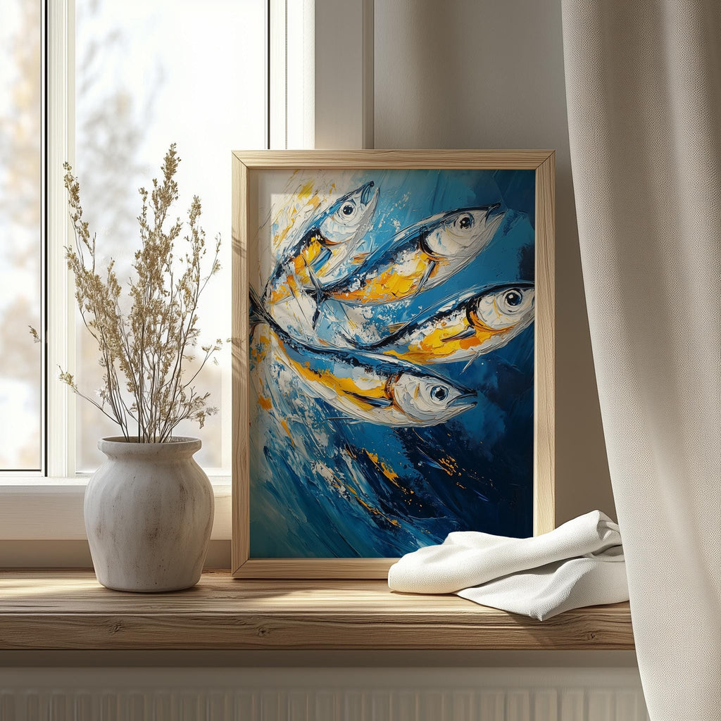 Gold Blue Sardines animal art print shown in a room setting