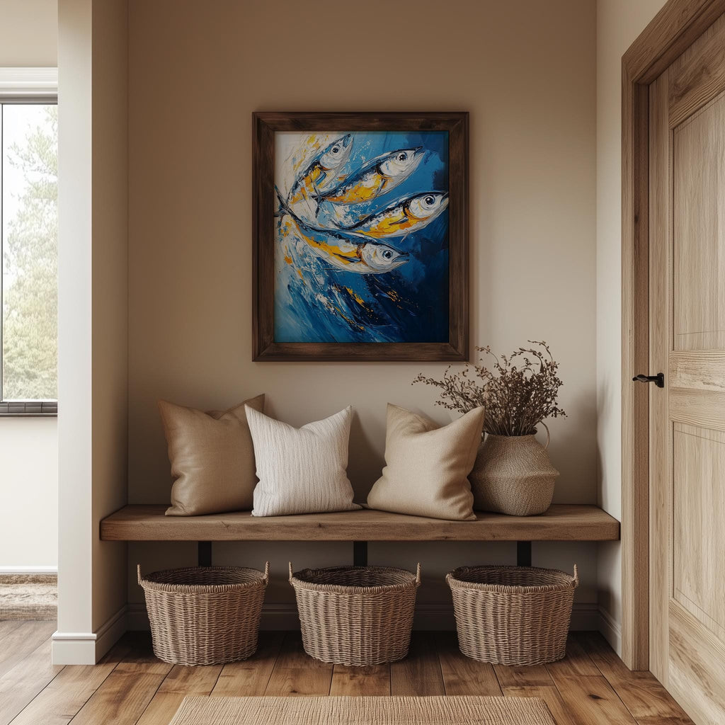 Gold Blue Sardines animal art print shown in a room setting
