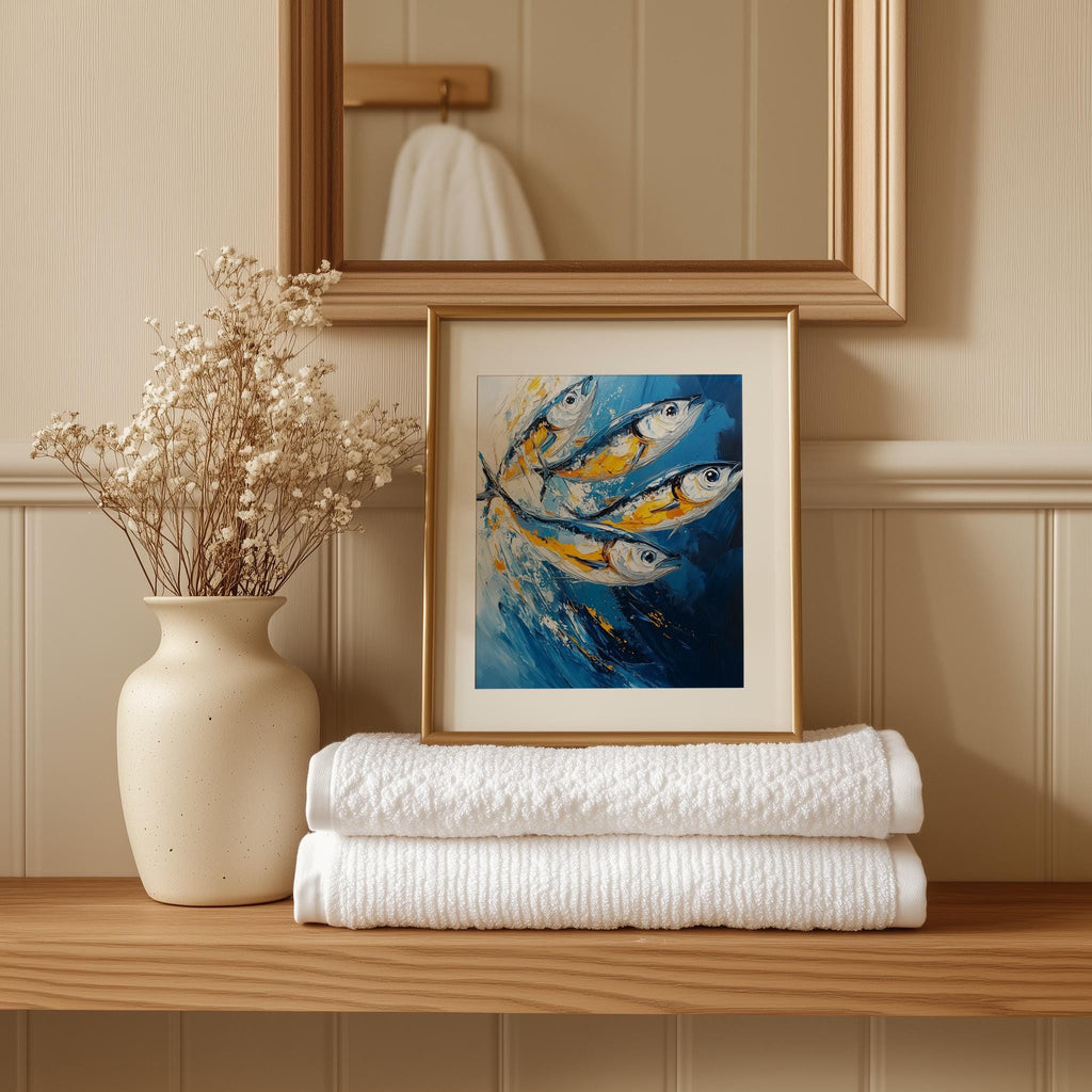 Gold Blue Sardines animal art print shown in a room setting