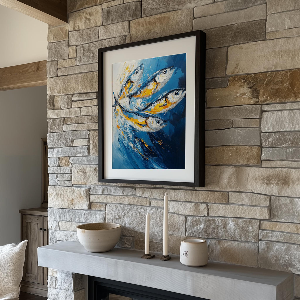 Gold Blue Sardines animal art print shown in a room setting