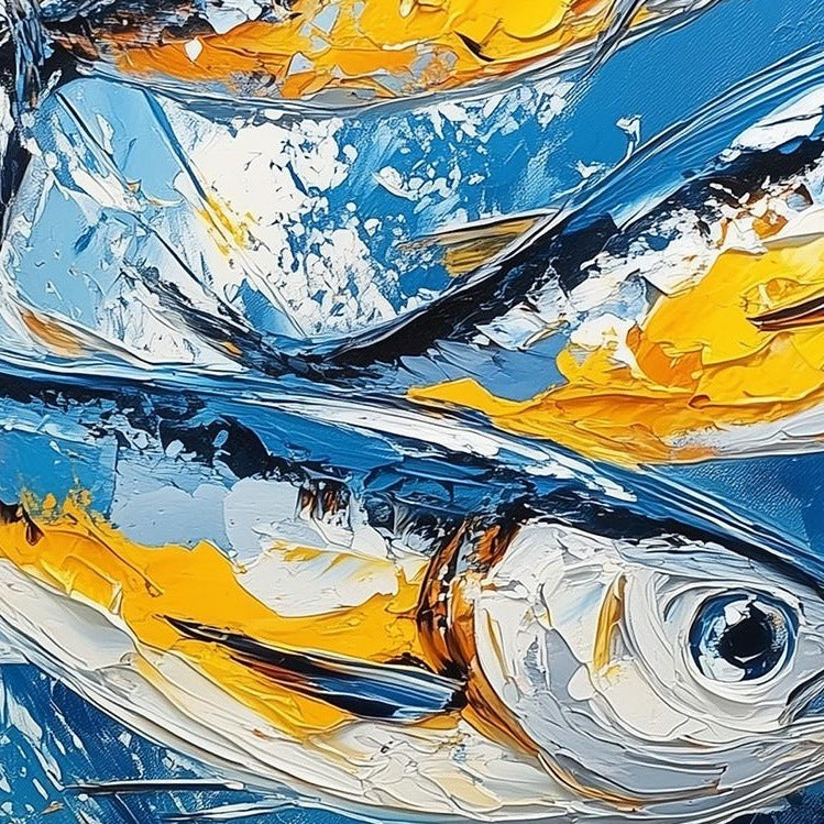 Gold Blue Sardines animal art print close-up detail