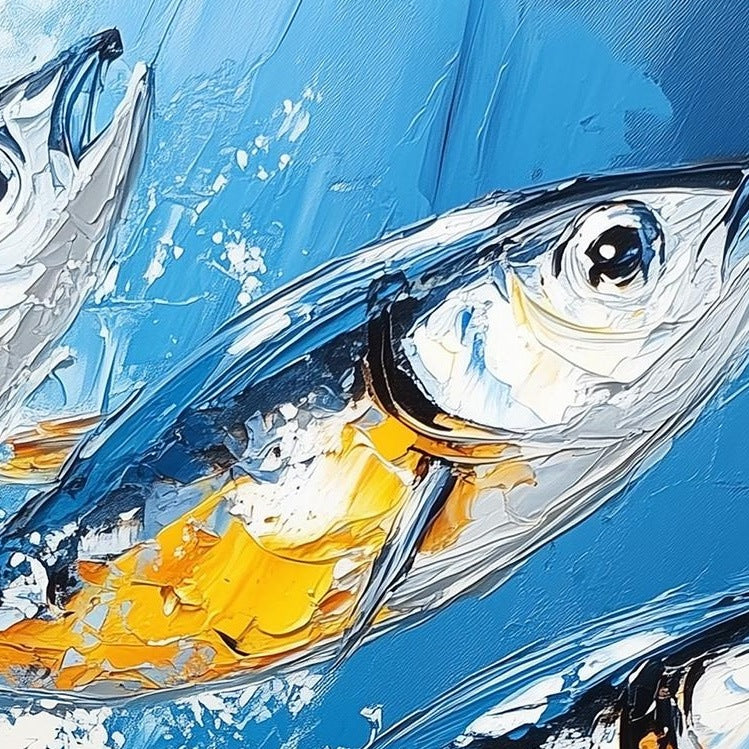 Gold Blue Sardines animal art print close-up detail
