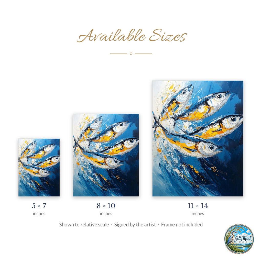 Gold Blue Sardines art print size guide: 5x7, 8x10 and 11x14