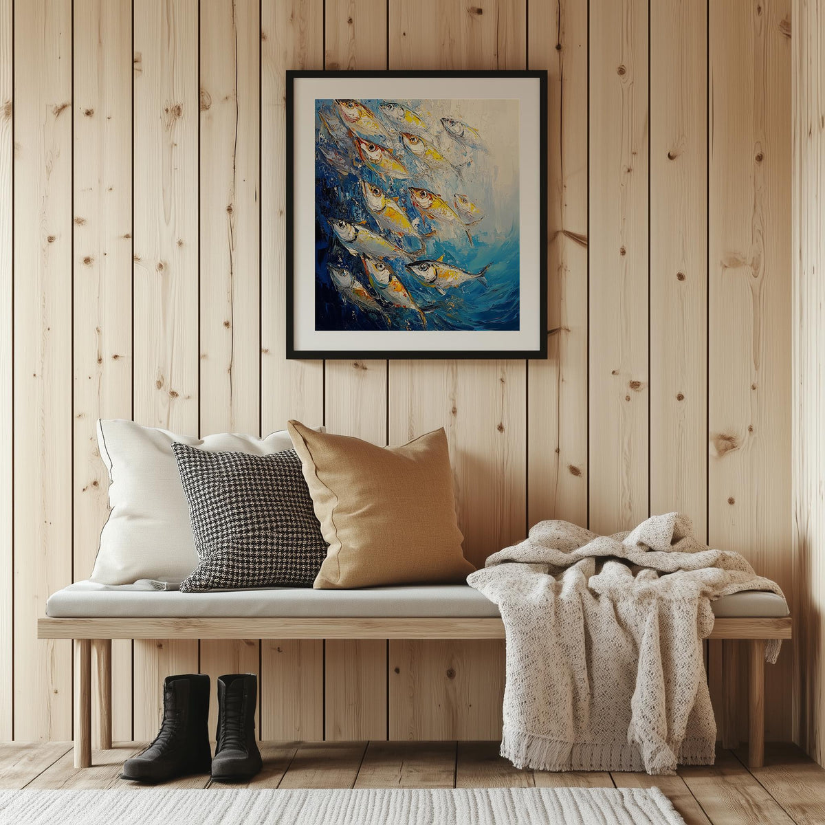 Silver Sardines animal art print shown in a room setting