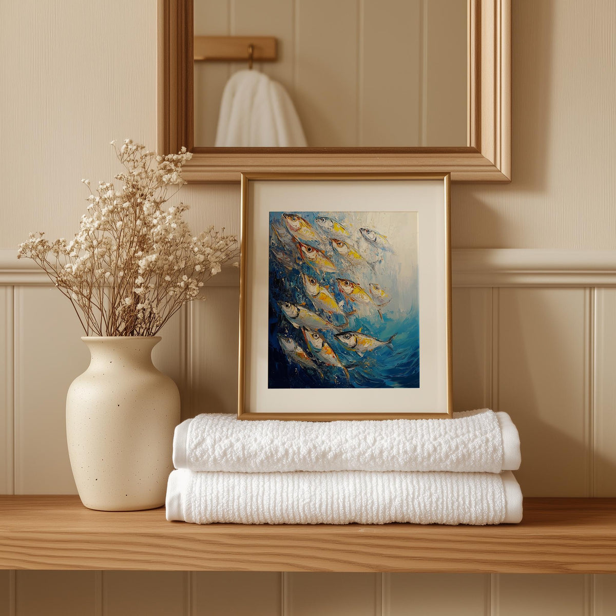 Silver Sardines animal art print shown in a room setting
