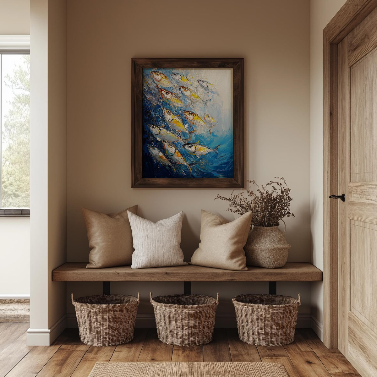 Silver Sardines animal art print shown in a room setting