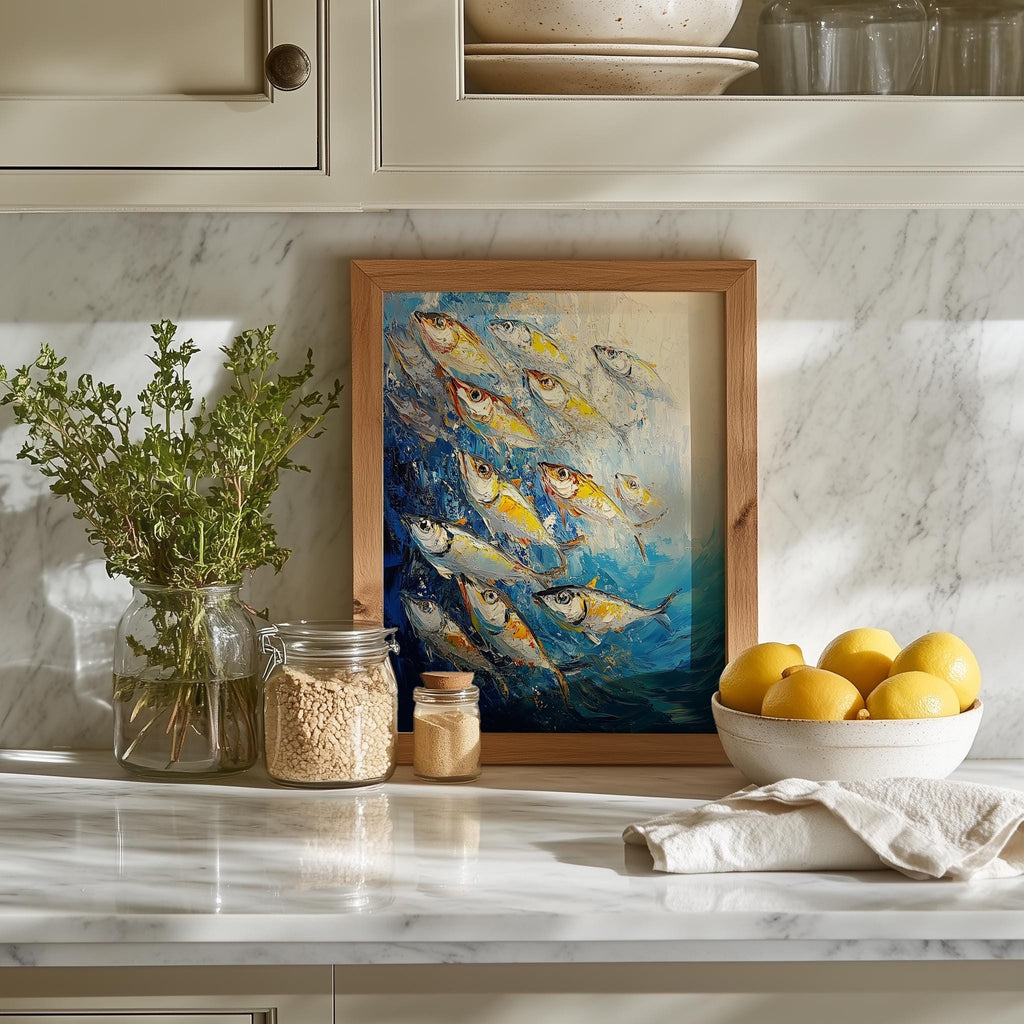 Silver Sardines animal art print shown in a room setting
