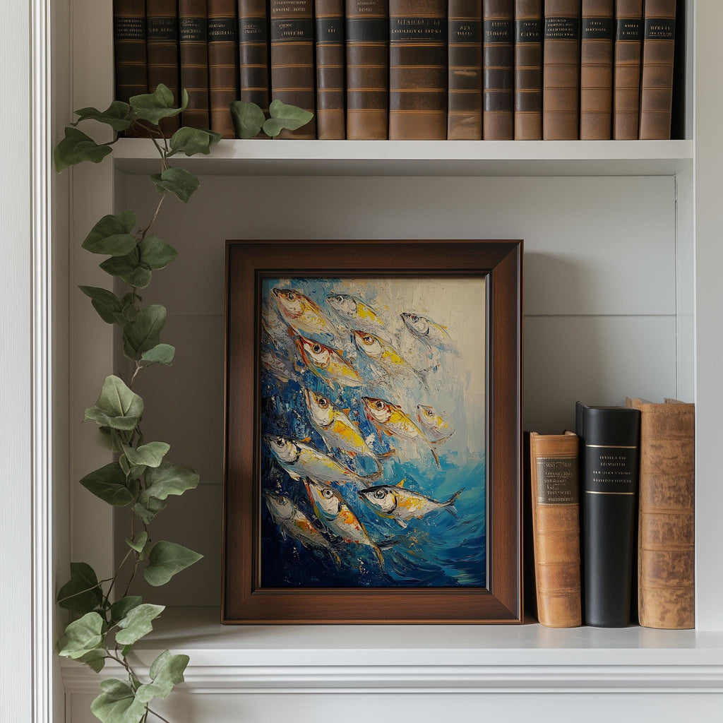 Silver Sardines animal art print shown in a room setting