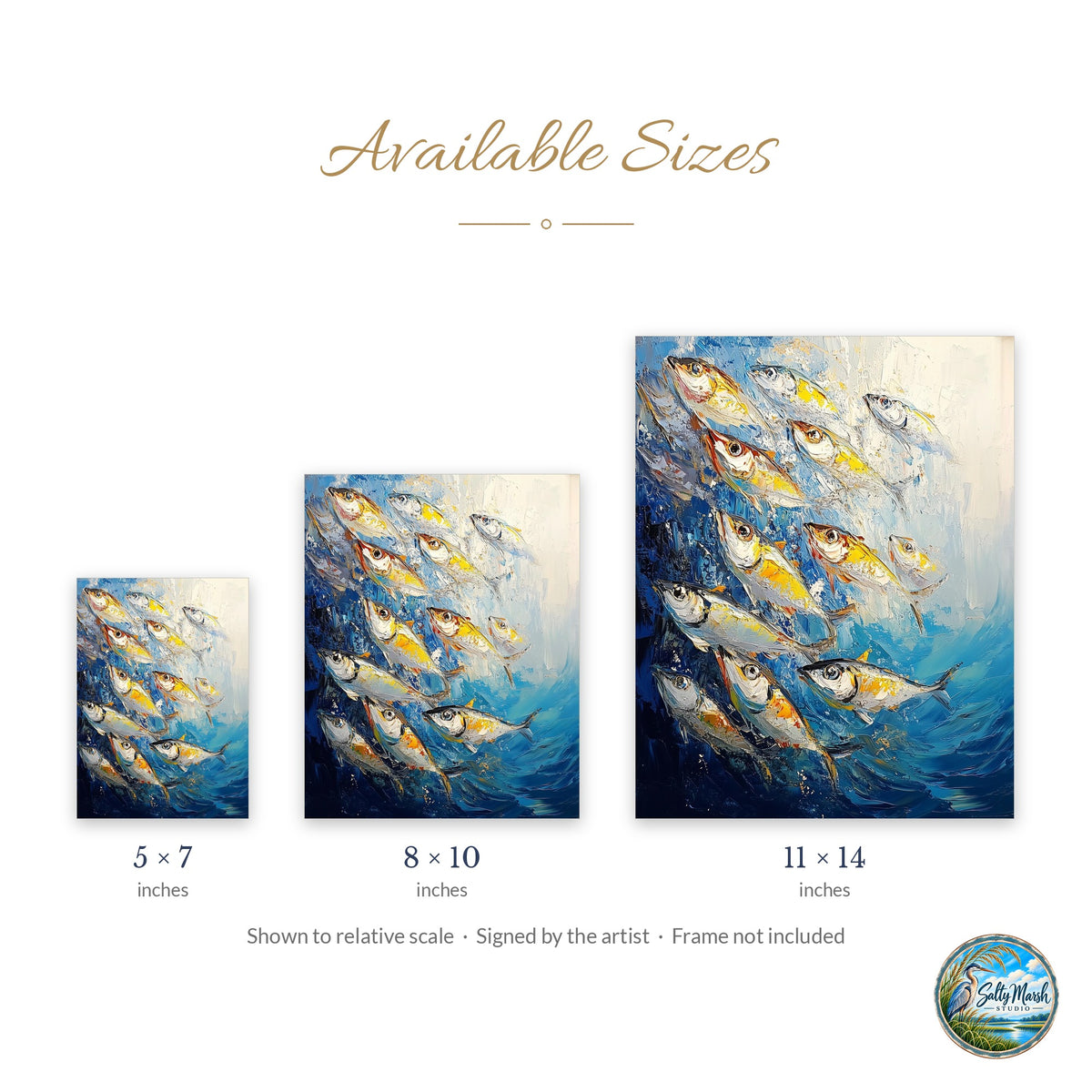 Silver Sardines art print size guide: 5x7, 8x10 and 11x14