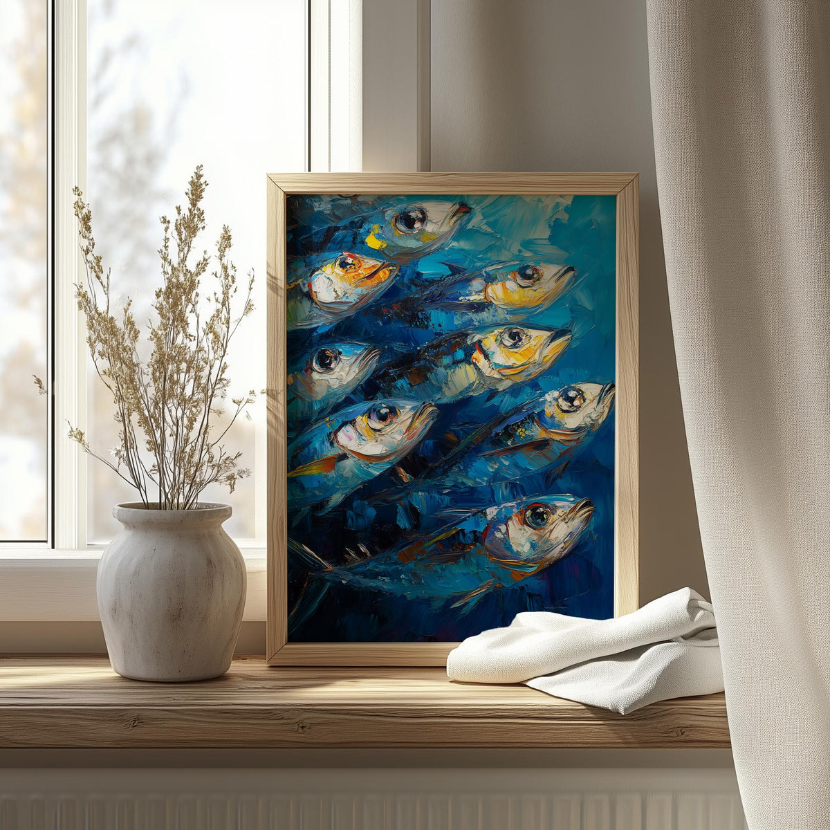 Modern Sardines animal art print shown in a room setting