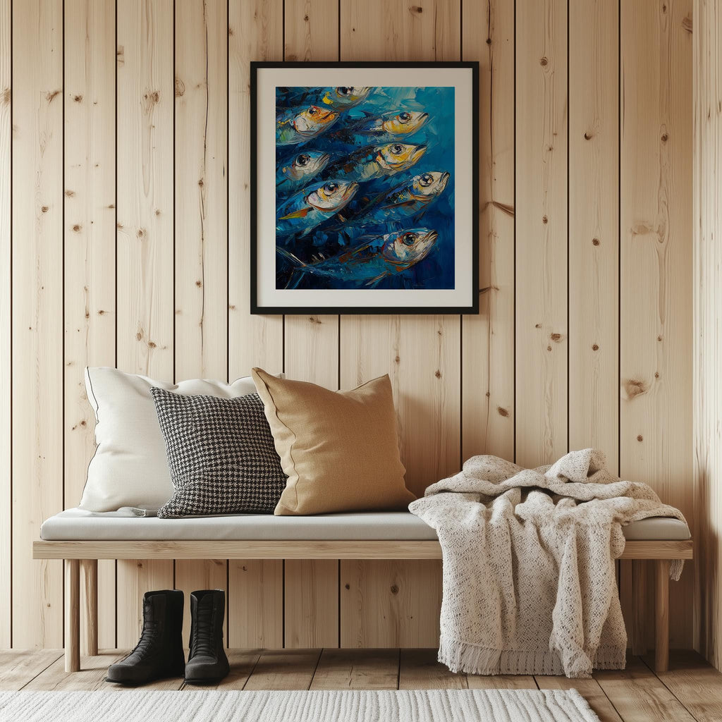 Modern Sardines animal art print shown in a room setting