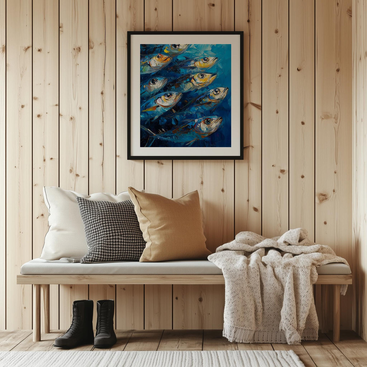 Modern Sardines animal art print shown in a room setting